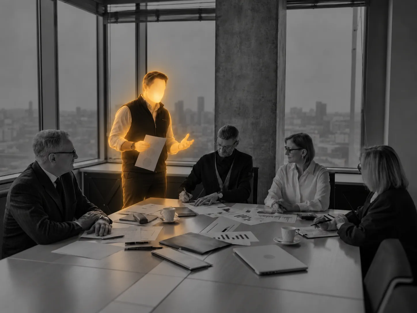 A softly illuminated faceless advisor discusses operating documents with business leaders around a conference table.