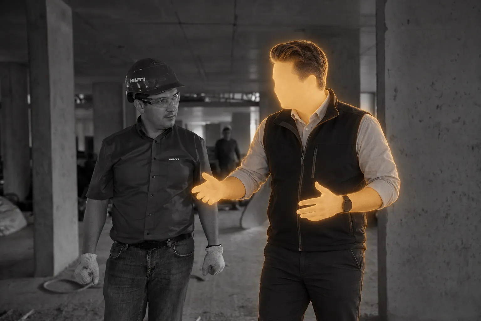 A softly illuminated advisor reviews operations with a colleague inside an unfinished industrial building.