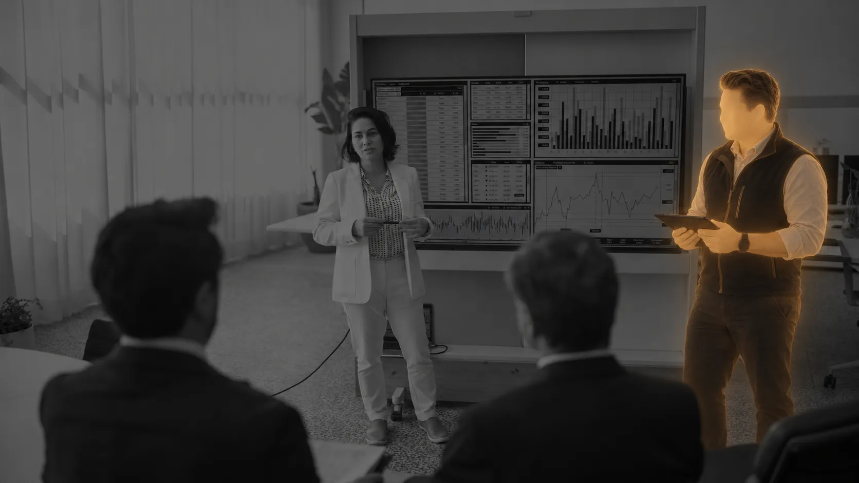 A faceless illuminated advisor holding a tablet joins an executive operating-performance review.