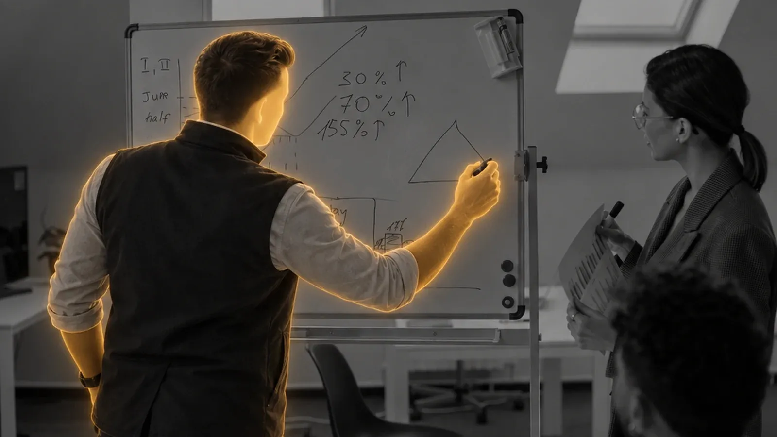 A faceless illuminated advisor works through a whiteboard analysis with business colleagues.